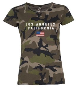 Damen Camo-Shirt Bedruckt Schriftzug California Los Angeles USA Amerika Flagge Camouflage Tarnmuster Neverless® schwarz XXL
