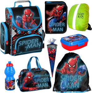 Schulranzen Spiderman ergonomischer Ranzen Federmappe Zuckertüte Trinkflasche Brotodose Turnbeutel Sporttasche Aufgabenheft für die Grundschule 8er Set Lizenzartikel Marvel Spiderman