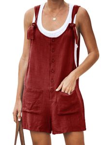 Damen Hosenträger U-Ausschnitt Baumwolle Und Leinen Trägerhose Ärmelloser Overall,Farbe: Rotwein,Größe:M