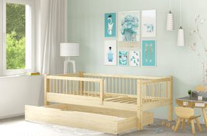 AXEL BIS Kinderbett mit Schutzgittern Schublade für Bettwäsche Schubkasten Naturholz 70x140