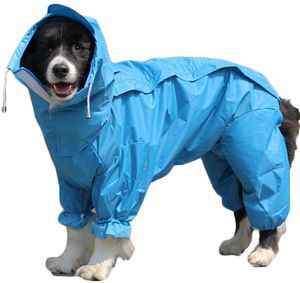 Hunde Regenmantel mit Abnehmbarem Hoodie, Verstellbarer Outdoor-Tunnelzug Hundemantel, Wasserdichte Hundejacke Regenjacke mit Kapuze und Kragenloch Blau 26 (Riuckenlange: 69cm)
