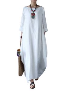 Damenkleid aus Baumwolle und Leinen mit über dem Knie langem Rock,Farbe: Weiß,Größe:4XL