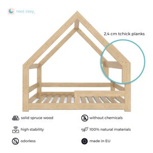 NeedSleep Hausbett mit  Rausfallschutz 80x160 cm Kinderbett Bodenbett aus Holz Symmetrisch, ohne Schornstein