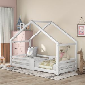 Kinderbett Hausbett mit Schornstein |Rausfallschutz Robuste Lattenroste Kiefernholz Haus Bett, 90 x 200 cm ohne Matratze, Weiß