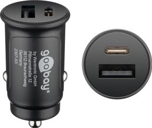 Goobay 2-Port Auto/KFZ Ladegerät mit USB-C PD (Power Delivery), Mini Zigarettenanzünder Dual USB Ladegerät, Pkw & LKW (12V / 24V), 30W, schwarz
