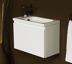 Quentis Gäste-WC Badmöbel FAROS 50, weiß glänzend, Waschbeckenunterschrank mit Klapptüre, montiert.