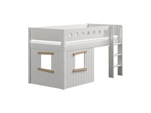 White Mittelhohes Bett, gerade Leiter & Baumhaus-Bettenfronten, Holz 90x200 cm Weiß / Eiche, Matratze:mit