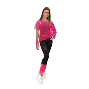 Oblique Unique Netzshirt + Stulpen Set 2-teilig 80er Jahre 80s Karneval Fasching Motto Party für Damen neon pink