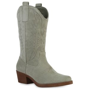 VAN HILL Damen Cowboystiefel Stiefel Stickereien Schuhe 840208, Farbe: Hellgrün Velours, Größe: 41