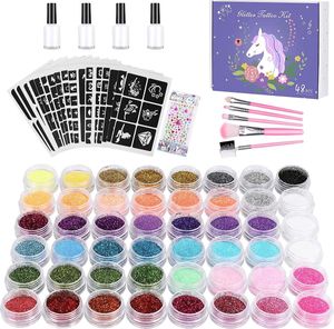 Winpok Glitter Tattoo Set, 48 Farben, Wasserfeste Tafforary Tattoos, Kinder Glitter Make Up mit 203 Schablonen, 5 Pinsel, 4 Kleber, Ungiftige Tattoos