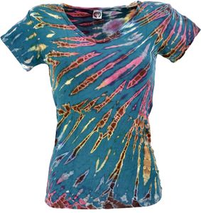 Batik Hippie T-Shirt mit V-Auschnitt, Unikat Boho Batikshirt - Petrol, Damen, Türkis, Viskose,Elasthan, Tops & T-Shirts