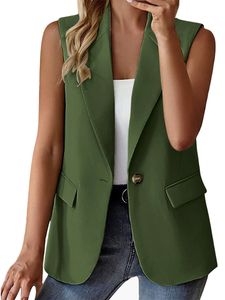 Damen Anzugwesten Mode Ärmellos Blazer Jacken Lässig Einreihig Strickjacke Westen Dunkelgrün,Größe L