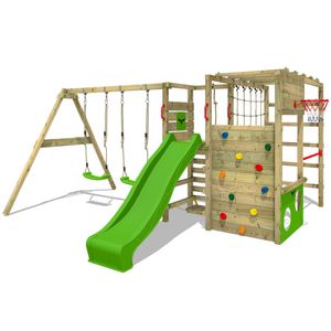 FATMOOSE Klettergerüst Spielturm ActionArena mit Schaukel & Rutsche, Gartenspielgerät mit Leiter & Spiel-Zubehör - apfelgrün