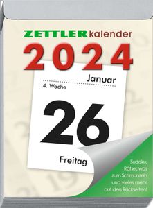 ZETTLER Tagesabreißkalender XL 2024, im Format 8,2 x 10,7 cm, Bürokalender mit Wochenzählung und spannenden Rezepten und Räseln auf der Rückseite