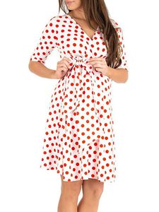 Damen Umstandskleider Kurzarm  Mutterschaft Schwangerschaft Kleid Böhmische Kleider Roter Punkt auf weißem Hintergrund,Größe XL