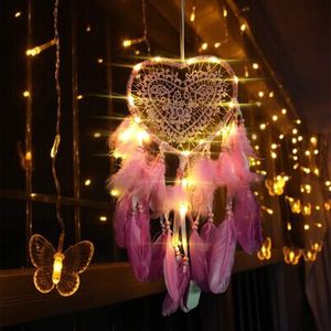 Herz Traumfänger Mit Lichtern Boho-Stil Handgefertigt LED Licht Wandbehang Romantische Dekoration, dunkelrosa