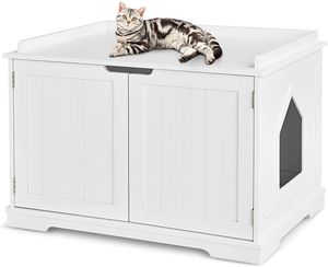 COSTWAY domček pre mačky mačací brloh s posteľou, uzavretý box na odpadky s vchodom, drevená konštrukcia boxu pre domáce zvieratá, veľká skrinka na odpadky pre mačky psy domáce zvieratá (biela)