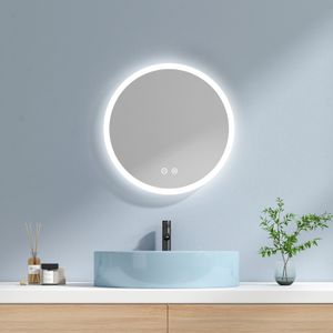 EMKE Rund Badspiegel 50cm mit 3 LED Lichtfarben + Dimmbar Helligkeit, Touch-Schalter Badezimmerspiegel Anti-Beschlag und Memory-Funktion Wandspiegel