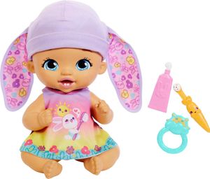 Lalka My Garden Baby Toothbrushing Fun Bunny - lawendowa (30 cm) z 3 akcesoriami i strojem 2 w 1, różowa czapka