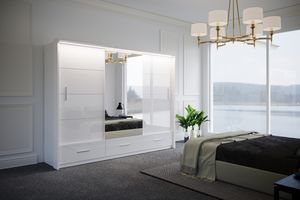Modern Sideboard Kleiderschrank mit LED Beleuchtung MARSYLIA 250 cm, Schiebtürenschrank aus Holz, Garderoben organizermit Schubladen (Weiß)