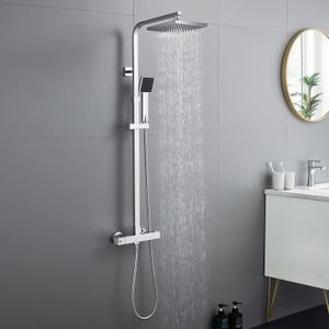 Auralum Duschsystem mit Thermostat Duscharmatur Eckig Duschpaneel,mit Regendusche und Handbrause, Anti-Verbrühungs-Duschsystem Duschstange