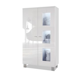 Vladon Vitrine Denjo, Made in Germany, Standvitrine mit 2 Türen und 3 Glaseinsätzen, Weiß matt/ Weiß Hochglanz, inkl. LED-Beleuchtung (71 x 129 x 35 cm)