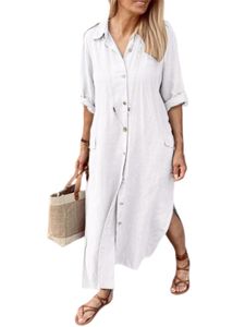 Damen Sommerkleider Baumwolle Leinen Kleider Maxikleider Hemdkleid Leinenkleid Weiß,Größe 4XL