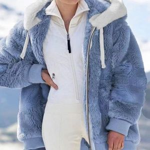Damen Flauschige Winter Warm Plüschfutter Reißverschluss Kapuzenjacke,Farbe: Blau,Größe:M