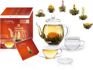 Creano Teeblumen Mix – Geschenkset Erblühtee Genießerset mit Glaskanne und Teetassen Weißtee (6 verschiedene Sorten)
