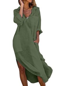 ASKSA Dámské elegantní šaty Jednobarevné dlouhé košilové šaty Midi tunika Letní šaty s kapsami, zelené, 2XL