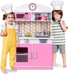 Kinderküche Spielküche, Kinder Holzküche mit Zubehör, Kinderspielzeugküche aus Holz Kinderholzküche Spiel Set (Pink)