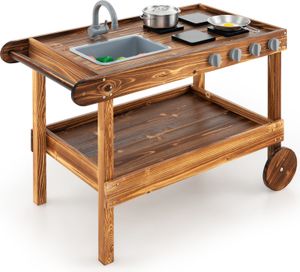 GOPLUS Matschküche für Kinder, Spielküche Outdoor mit Abnehmbarer Spüle, 4 Herden & Lagerregal, Kinderküche aus Tannenholz mit Griff und Rädern