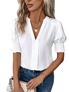 Damen T-Shirts Kurzarm Bluse Lose Tunika Shirt Casual Button Down V-Ausschnitte Tops Weiß,Größe S