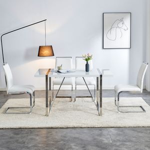 MODFU Moderner Esszimmerstuhl, 2er-Set, Küchenstuhl, Bürostuhl mit flacher Streifen-Rückenlehne, gepolsterter Stuhl, multifunktional, hochwertiges Kunstleder, Leinen, Weiß