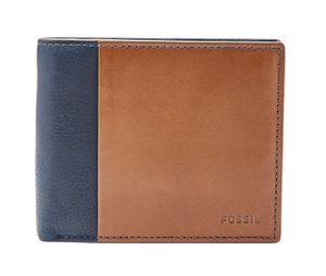FOSSIL Ward Large Coin Pocket Bifold Navy / Cognac