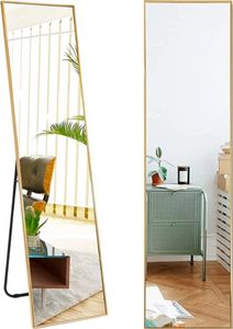 SensaHome Celoplošné zrkadlo - Nástenné zrkadlo v minimalistickom dizajne - Stojace obdĺžnikové zrkadlo s kovovým okrajom - Zlaté - 39x156x4 cm