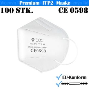 100x FFP2 Maske, 95% Filtration CE 0598 Atemschutzmasken, 5 Schichten Mund-Nasenschutz Masken, Einzeln verpackt, weiß