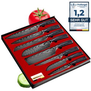 Asiatisches Edelstahl Messerset Kuro | 8-teiliges Küchenmesser Set | Kochmesser im Damast Design mit Epoxidharz Griff inkl. Geschenkbox | rostfrei & scharf | Designed in Germany