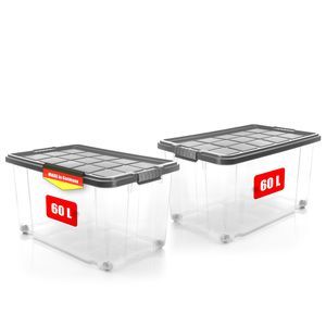 2x 60 L Aufbewahrungsbox mit Deckel groß rollbar stahlgrau - stabile & robuste Box