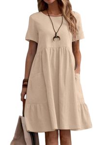 Damen Summer Blusenkleider Loose Solid Baumwolle Leinen Mit Tasche Komfortabel Kurzarm Kleid Aprikose,Größe M