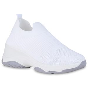 VAN HILL Damen Sportschuhe Slip Ons Sportliche Strick Profil-Sohle Schuhe 838300, Farbe: Weiß, Größe: 40