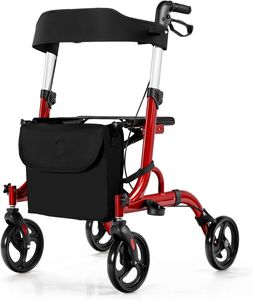 Rollator skladací ľahký, do 150 kg, pomôcka na chôdzu s nastaviteľnou výškou do 6 polôh, invalidný vozík s držiakom palice a taškou, hliník (červený)