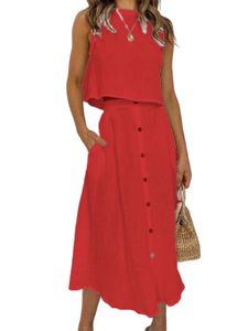 Damen Sommerkleider Einfarbige Crop Top und Midi Röcke Freizeitanzug 2 Teilig Set Rot,Größe M