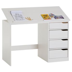Kinderschreibtisch aus massiver Kiefer in weiß, praktischer Schreibtisch mit neigungsverstellbarer Tischplatte, schöner Jugendschreibtisch mit 4 Schubladen