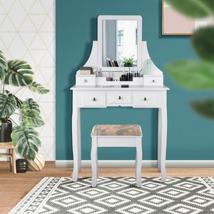COSTWAY Toaletní stolek se stoličkou | 5 zásuvek | Odnímatelný úložný box | 360° otočné zrcadlo, toaletní stolek ze stolu a odnímatelné desky, dřevěný kosmetický stolek (bílý)