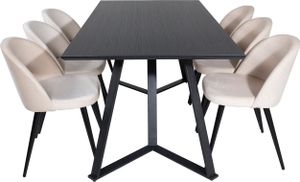 MarinaBLBL Essgruppe Esstisch schwarz und 6 Velvet Esszimmerstühle Velour beige, schwarz.
