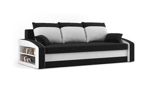 Couch HEWLET 220x90 mit REGAL LINKS und Schlaffunktion - Schlafcouch mit Bettkasten - STOFF HAITI 17 + HAITI 0 Schwarz&Weiß