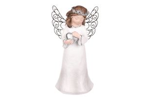 Anděl s kovovými křídly držící srdce nebo ptáčka, barva bílá glitrovaná. Polyres AND218