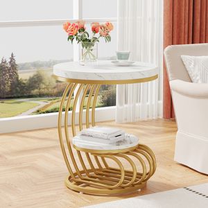 Tribesigns Goldener runder Beistelltisch: 2-stufiger Beistelltisch aus Kunstmarmor mit Ablagefläche, moderner Nachttisch in Weißgold, mit Metallrahmen