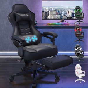 Puluomis Gaming Stuhl mit Massage und Fußstütze, Bürostuhl Chefsessel Schreibtischstuhl Racing Gamingstuhl ergonomischer Stuhl, Sportsitz Höhenverstellbarer Drehstuhl Computerstuhl , Inkl. Kopfstütze, Lendenkissen , MB bis 150Kg, (Schwarz)